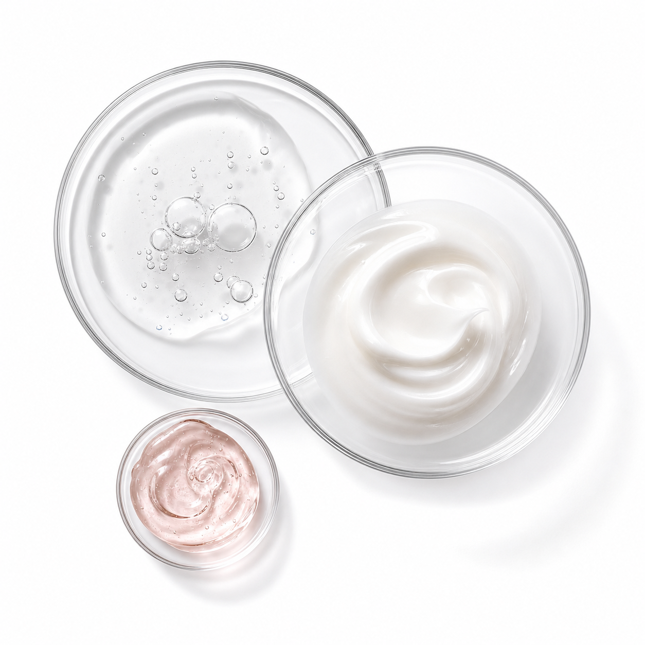 NOVELLE serum, cream, and gel textures in glass dishes
