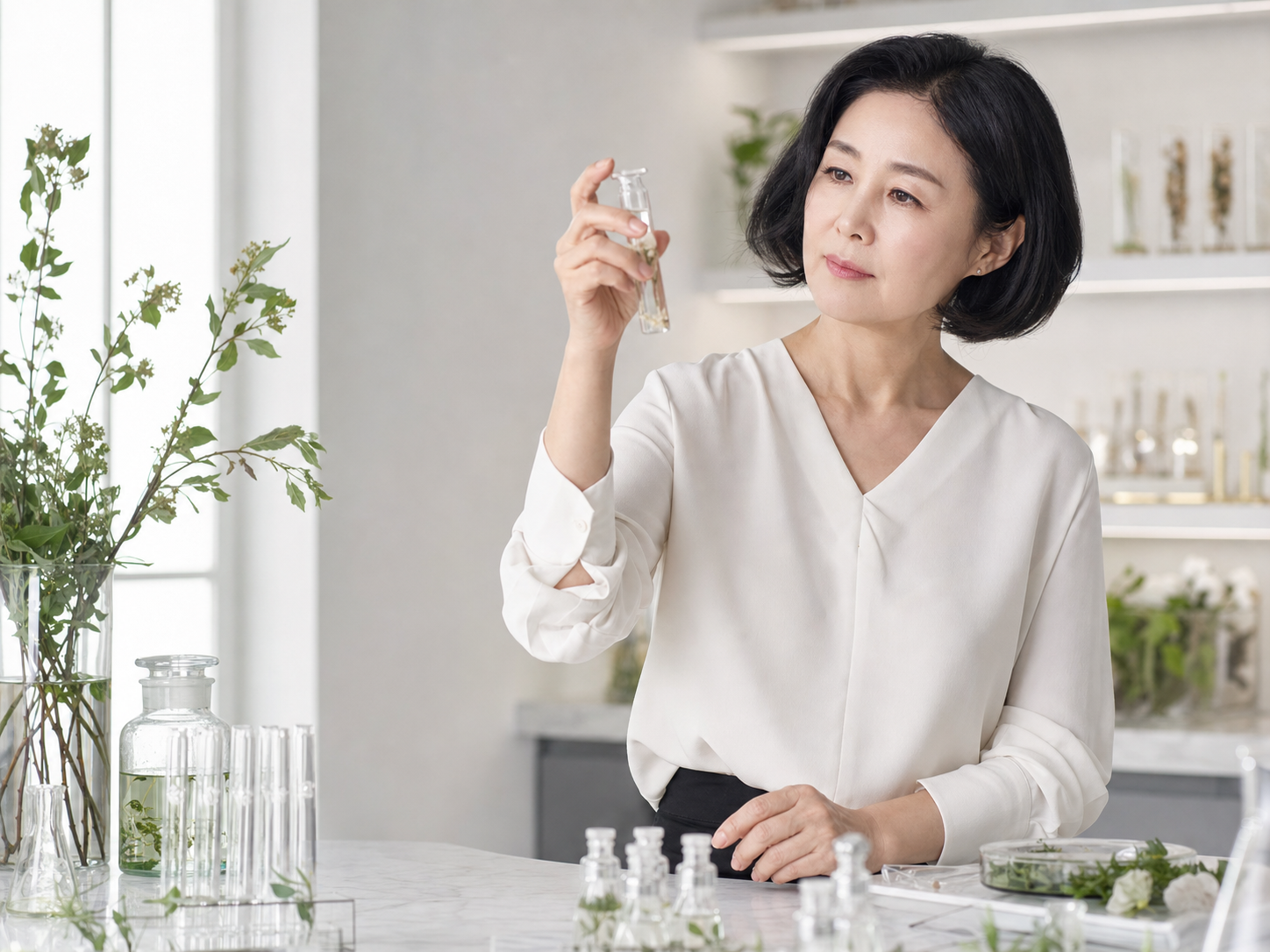 NOVELLE cosmetic scientist examining a formulation vial