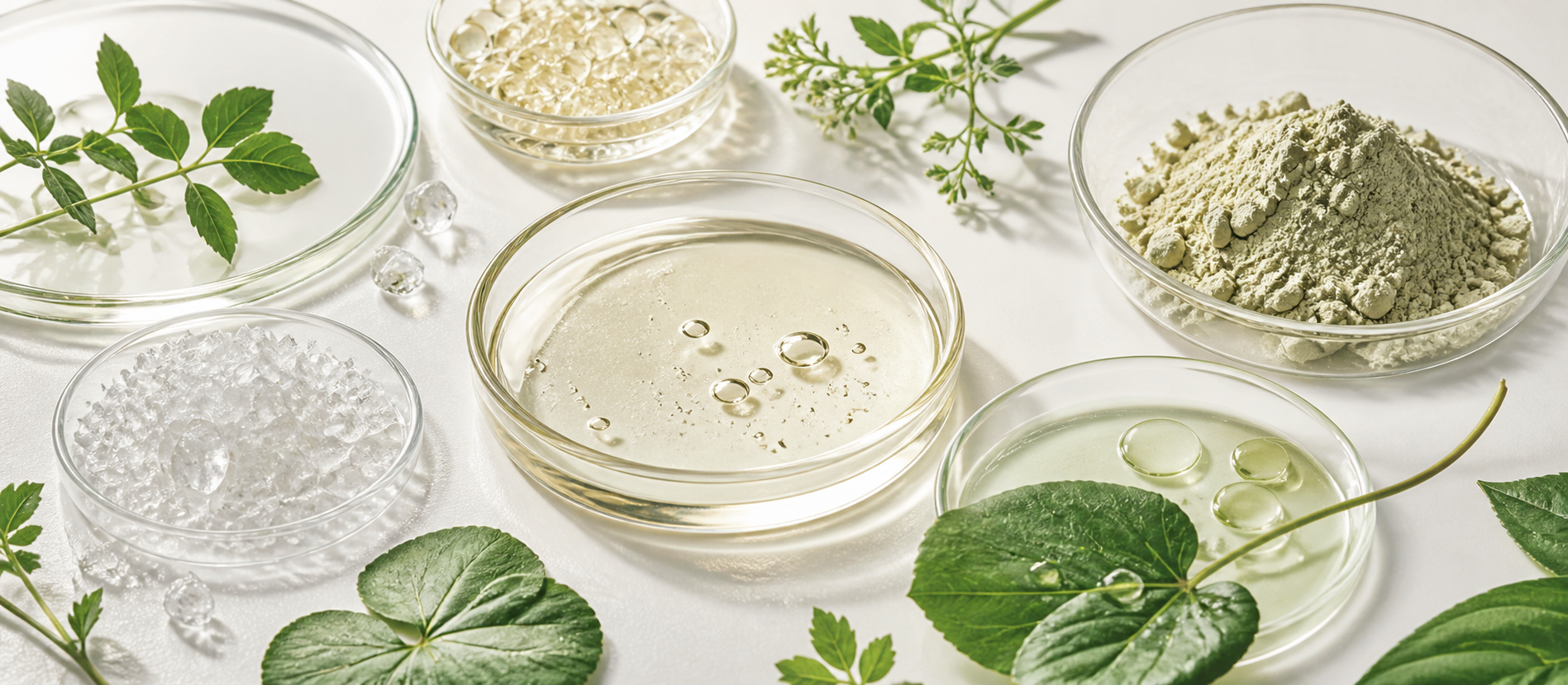Clear floral waters and botanical leaves in laboratory dishes