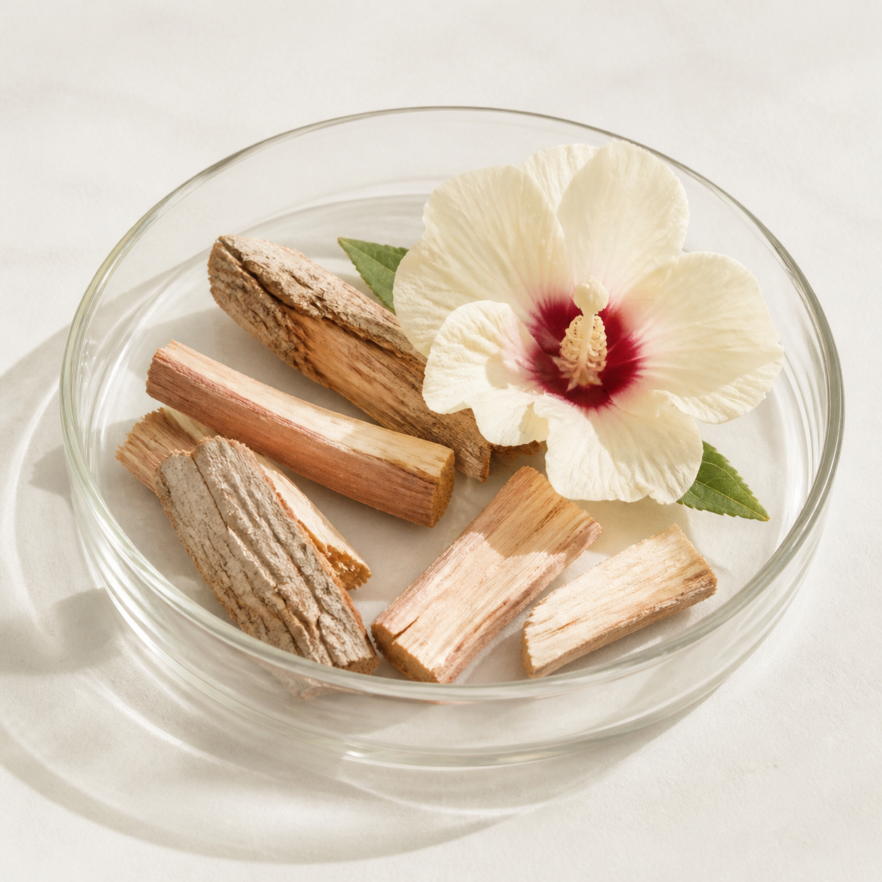 Rose of Sharon bark and flower in a glass laboratory dish