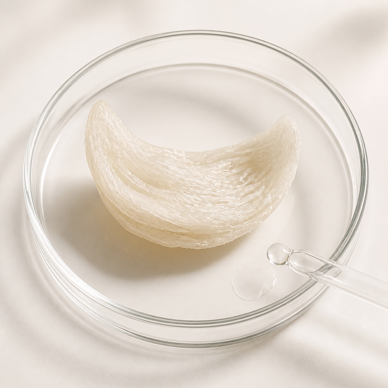 Refined white swiftlet nest specimen in a glass laboratory dish