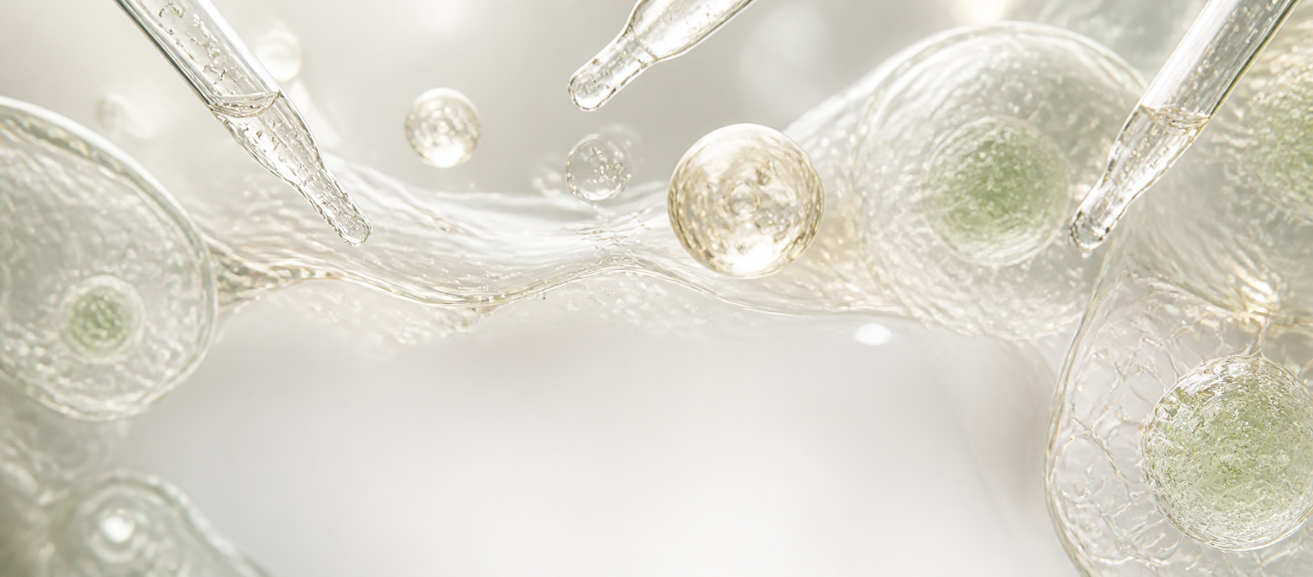 Luminous serum cells, clear biomaterial spheres, and precision glass pipettes