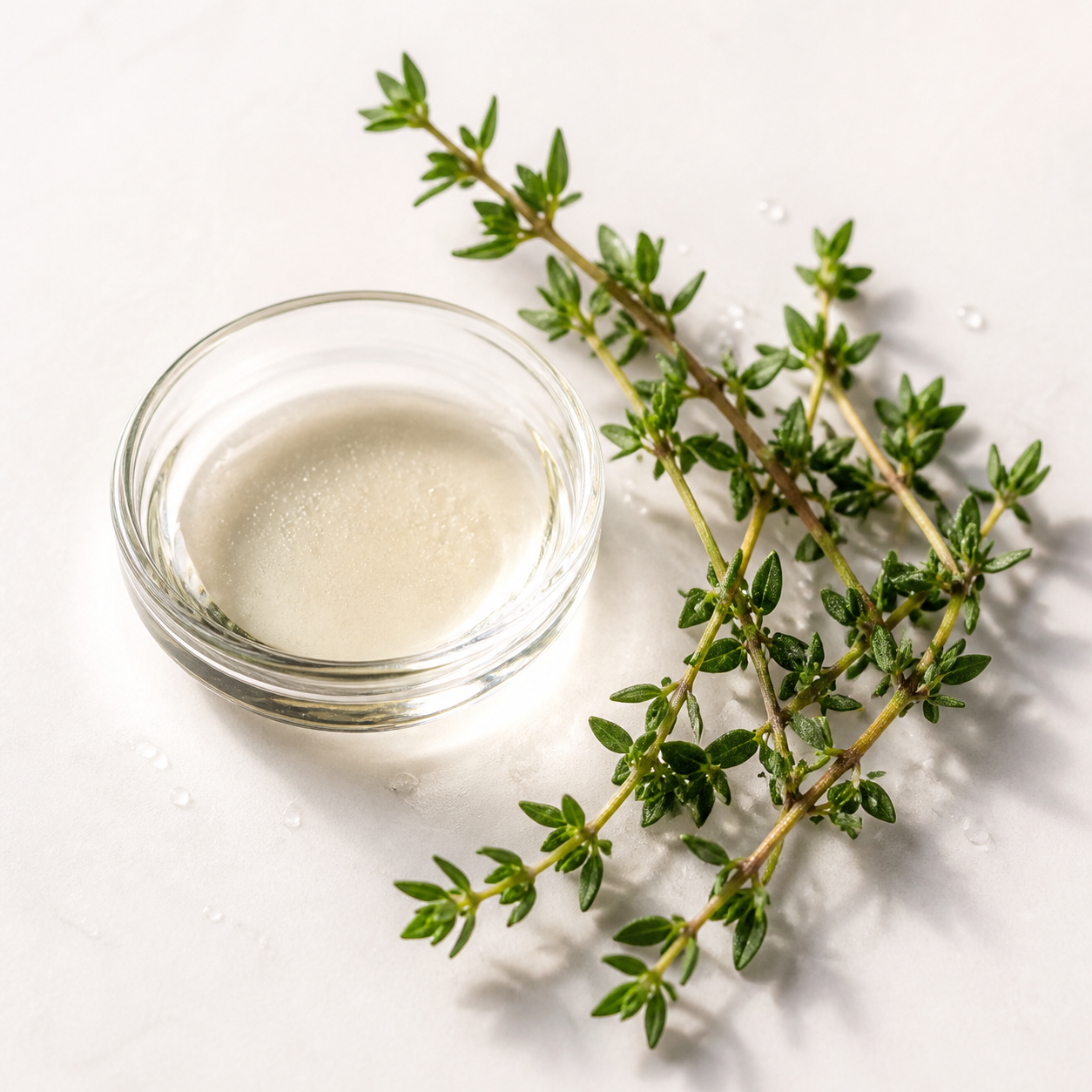 Fresh thyme and translucent botanical extract on a laboratory surface