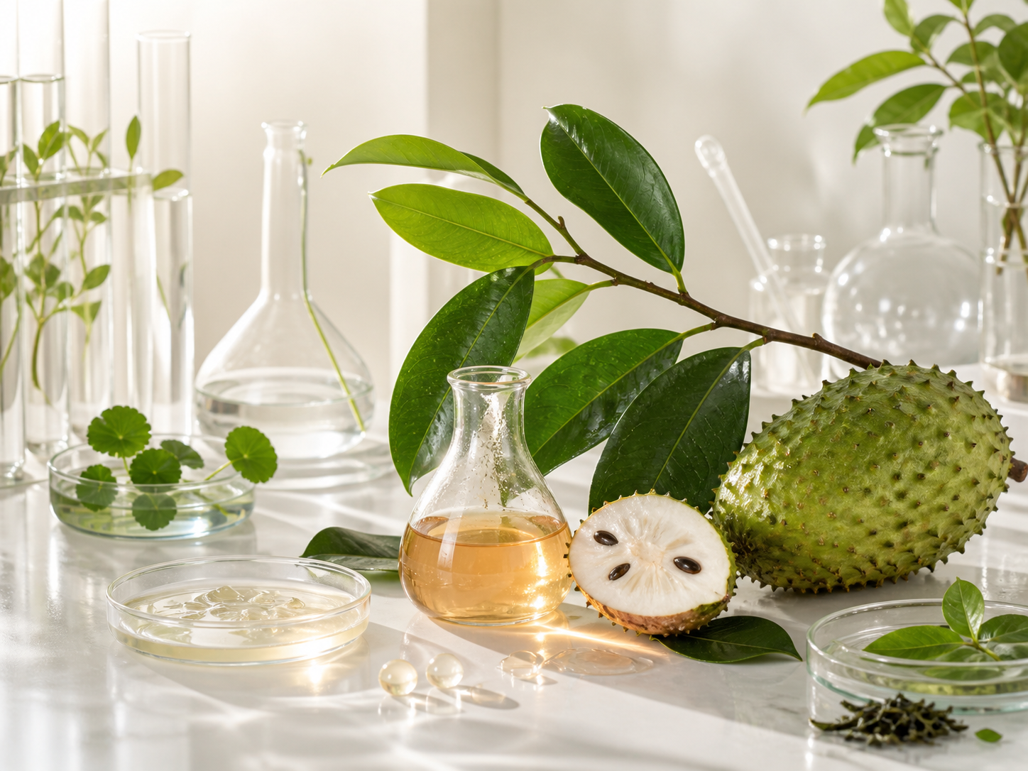 Graviola fruit, leaves, fermented elixir, and botanical laboratory samples