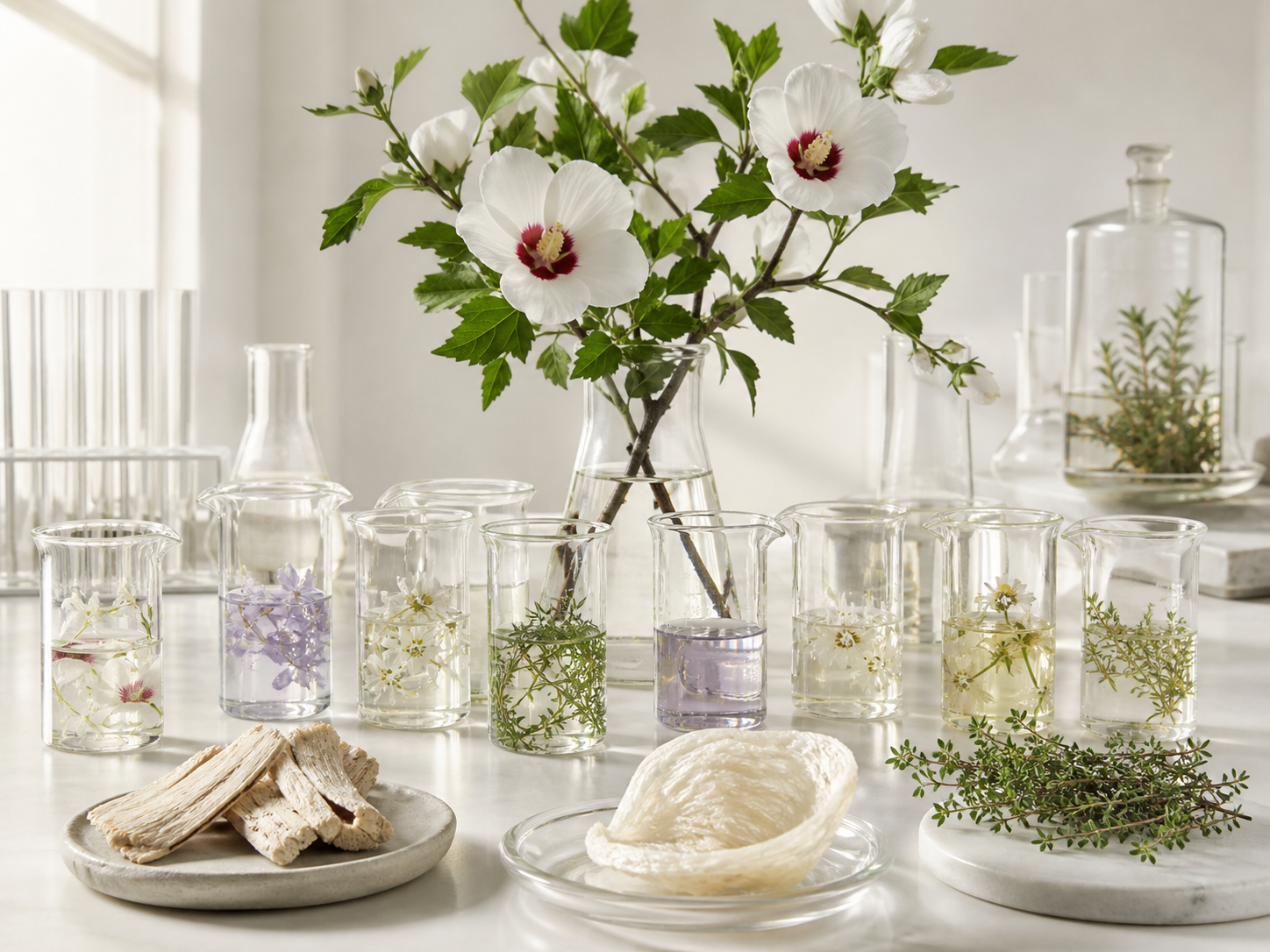 Rose of Sharon flowers, floral waters, bark, swiftlet nest, and thyme in a bright laboratory